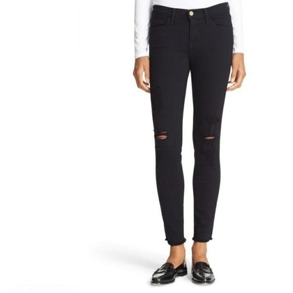 FRAME DENIM Le Skinny De Jeanne Black Ripped Knees Fray Hem Jeans Denim 31 - Picture 5 of 10